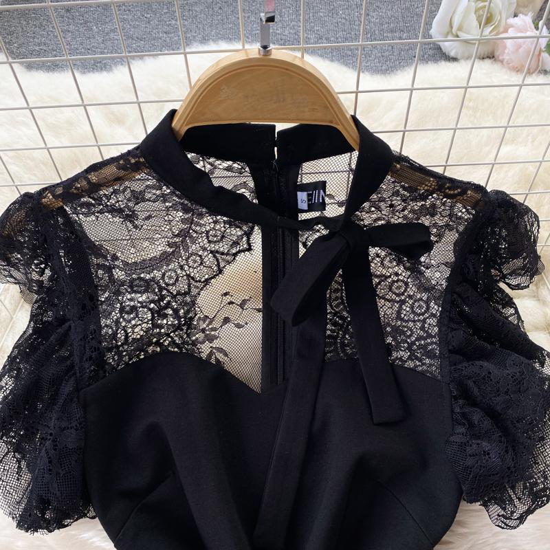 Lace Splice Black Office Work Dress French Style Summer Women Zipper O Neck Elegant Ladies Split Solid Slim Bodycon Dresses