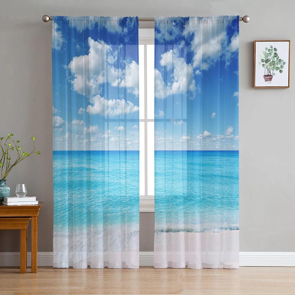 Sand Beach Waves Palm Trees Sheer Curtains for Living Room Decoration Tulle Voile Organza Window Curtains for Kitchen Bedroom