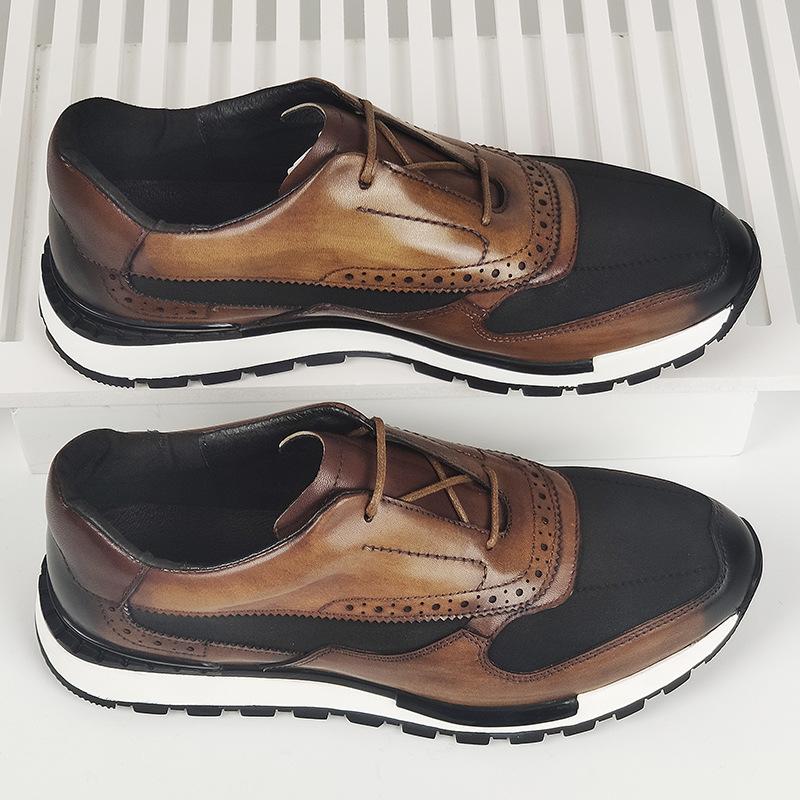 Мужские кроссовки из натуральной кожи и ткани в стиле пэчворк на шнуровке коричневого цвета, повседневные туфли-оксфорды для мужчин