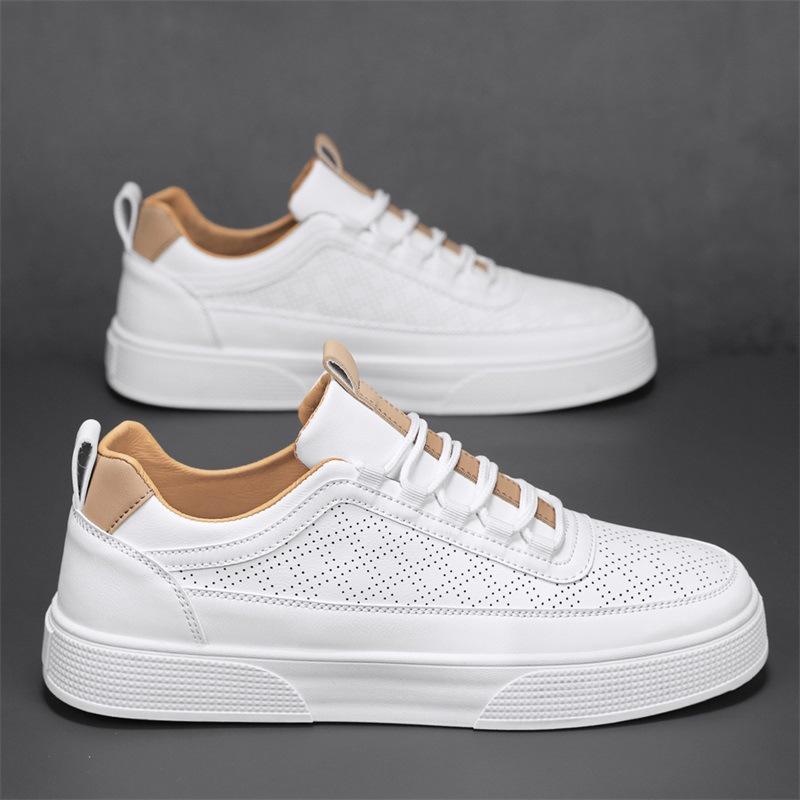 Leather Punching Breathable Little White Shoes Spring Youth Casual Versatile Sports Flat Baseplate Shoes 2024 New Men's Shoes