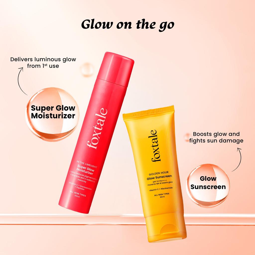 Foxtale Золотое Сияние Дуэт | Солнцезащитный крем с SPF 50 и Увлажняющий крем Super Glow | Витамин С, Ниацинамид и Пептиды | Осветляет, Увлажняет, Предотвращает Загар