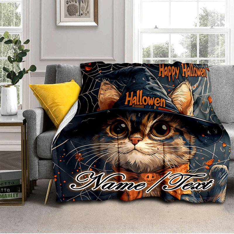 1PC Custom Name Halloween Cat Hat outdooor Flannel blankets Throw Blanket All-Season Throw Gift Bedspread for Couch, Bed, Camping Holiday Birthday gif