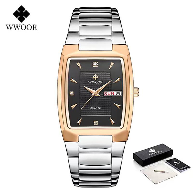Luxury Men Watch WWOOR Business Watches For Men Stainless Steel Waterproof Quartz Wristwatch Square Male Clock Relogio Masculino