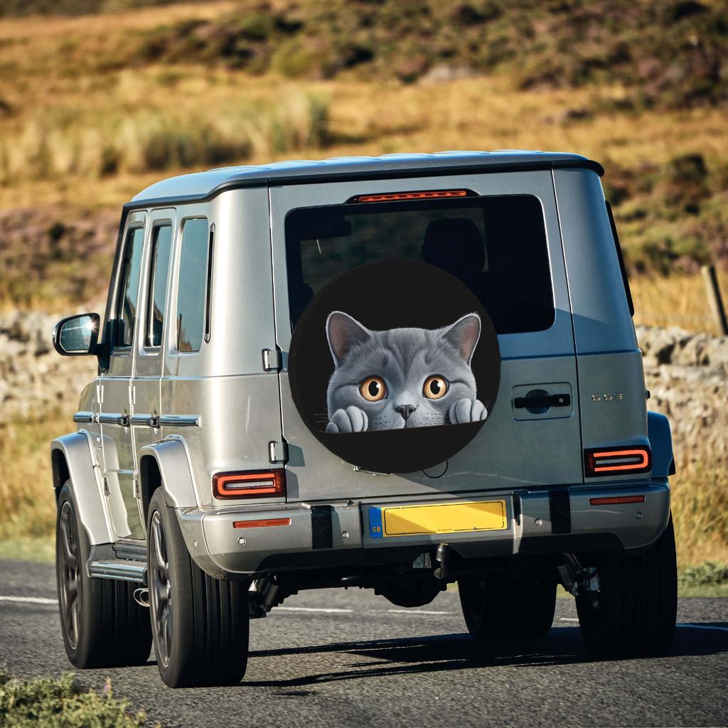 2D Flat 1pc Peeking Blue Cat Car Tire Cover 35.56/38.1/40.64/43.18 Cm, Spare Tire Cover, Essential For Camping Off-Road Outdoor