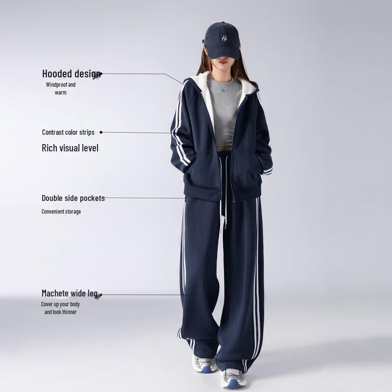 Women's American-Style Fleece-Lined Hooded Tracksuit Set