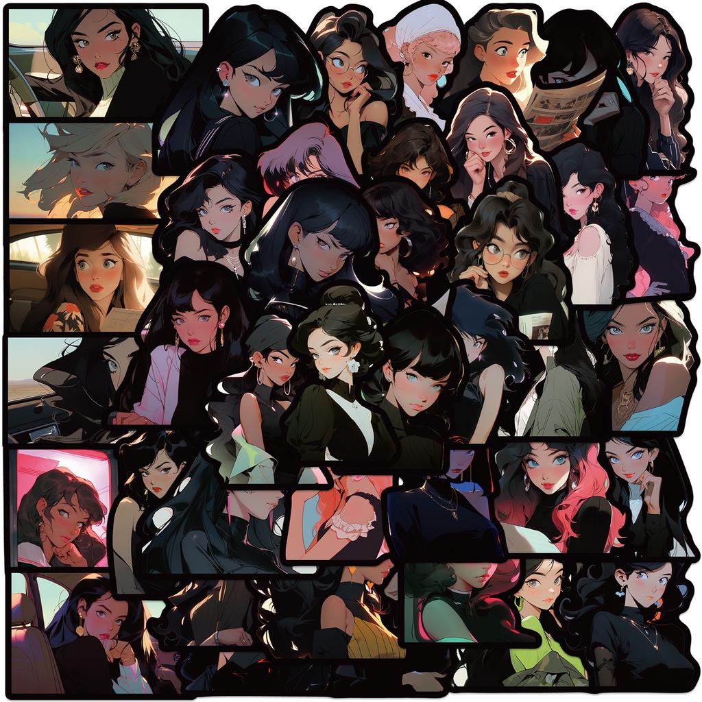 50 Black Border American Retro Old Comic Doodle Stickers Guitar Notebook Suitcase DIY Waterproof Stickers