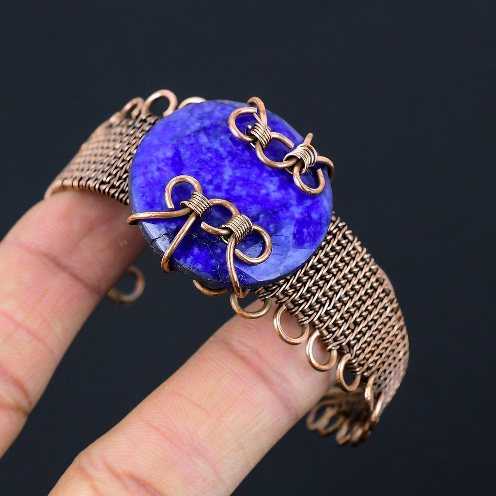 Lab-Created Blue Sapphire Gemstone Pure Copper Wire Wrapped Handmade Cuff/ Bangle Jewelry