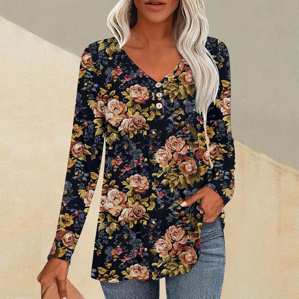 Женская модная повседневная плиссированная футболка с V-образным вырезом и растительным принтом, длинный рукав