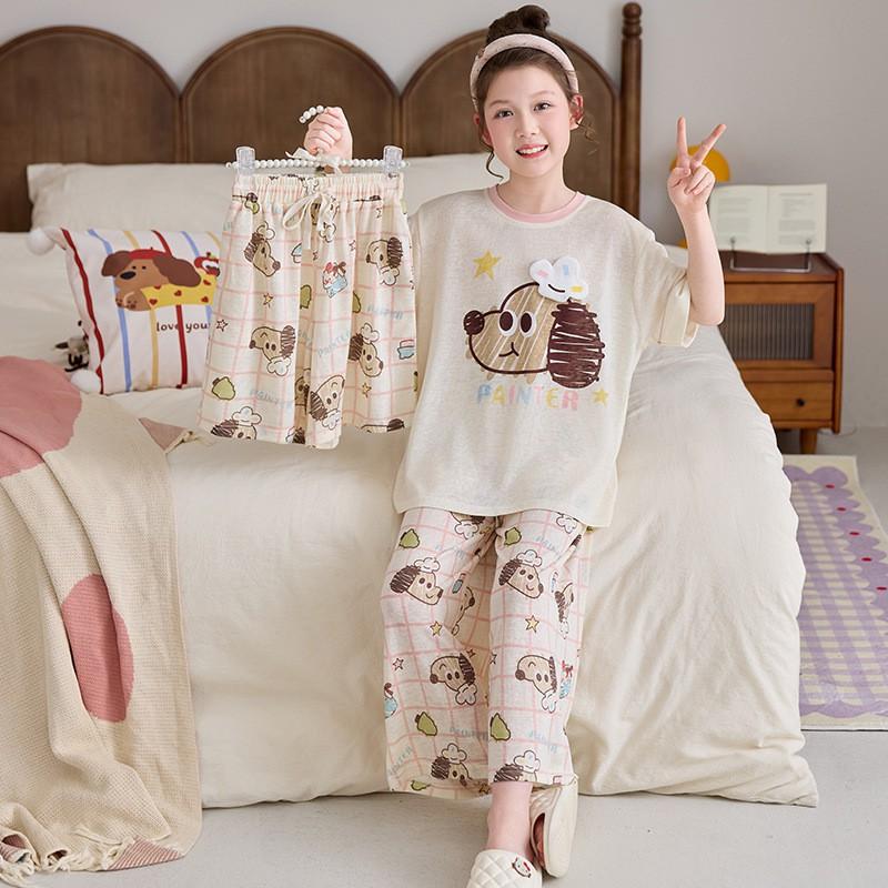 Girls Lyocell Cotton Short Sleeve 3-Piece Pajama Set Cartoon Print Lightweight Sleepwear Kids 8