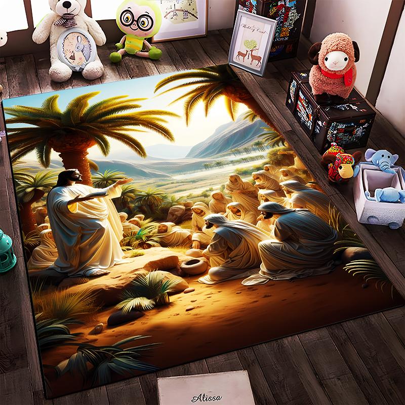 Sermon Scene with Palms and Followers Non-slip rug suitable for living room and bedroom sofas.