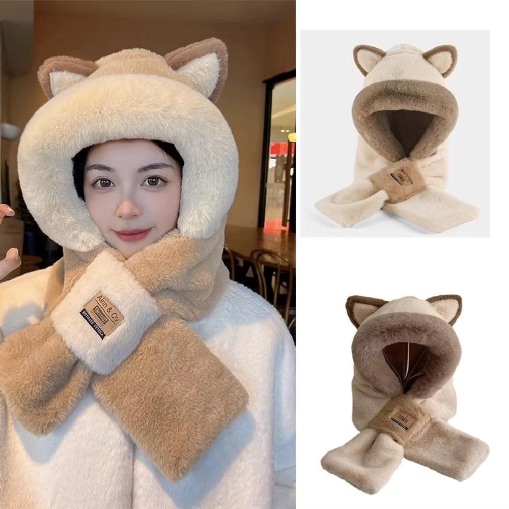 Hat Women's Korean Winter Windproof and Cold-proof Thickened Warmth Plush Beanie Cap Scarf Ear Protection Soft Hooded Scarf
