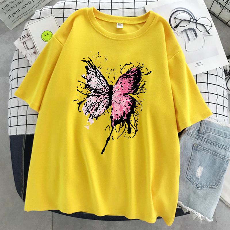 Розовая футболка с бабочкой Harajuku, женская повседневная дышащая футболка в стиле хип-хоп с коротким рукавом, хлопковая крутая футболка большого размера