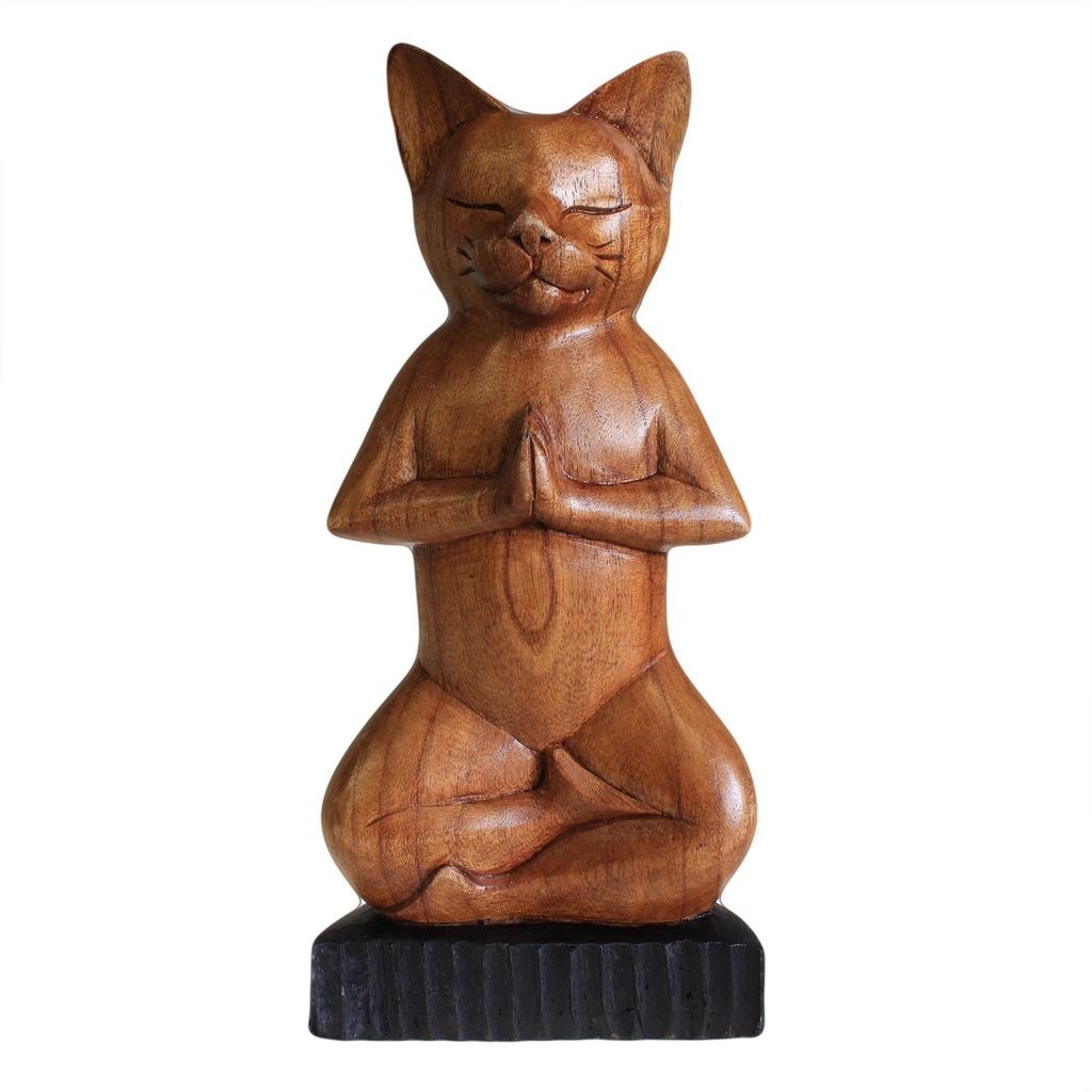 Yoga Cat Figurine, Lotus Pose Handcarved