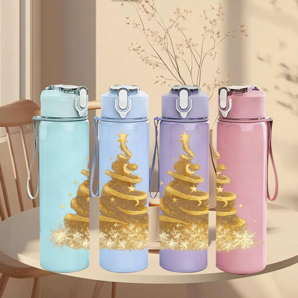 1PC Golden Glitter Christmas Tree Print 750ml Color Plastic Sports Water Bottle Leakproof Flip Straw Lid Suitable for Sports Office Home Use