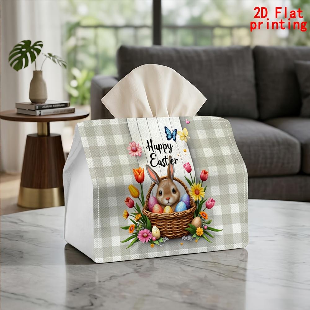2D Flat 1pc, Tissue Box. Easter Egg Rabbit Flower Basket Pattern Napkin Dispenser, Reusable, Daily Desktop Tissue Storage Box, Suitable for Kitchen Li