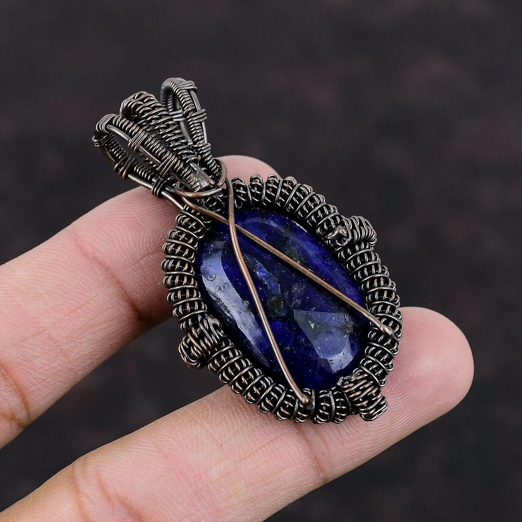 Кулон с граненым синим сапфиром, медная проволока, ювелирные изделия, кулон ручной работы, медный кулон с драгоценным камнем, подарок на годовщину, кулон, завернутый в проволоку