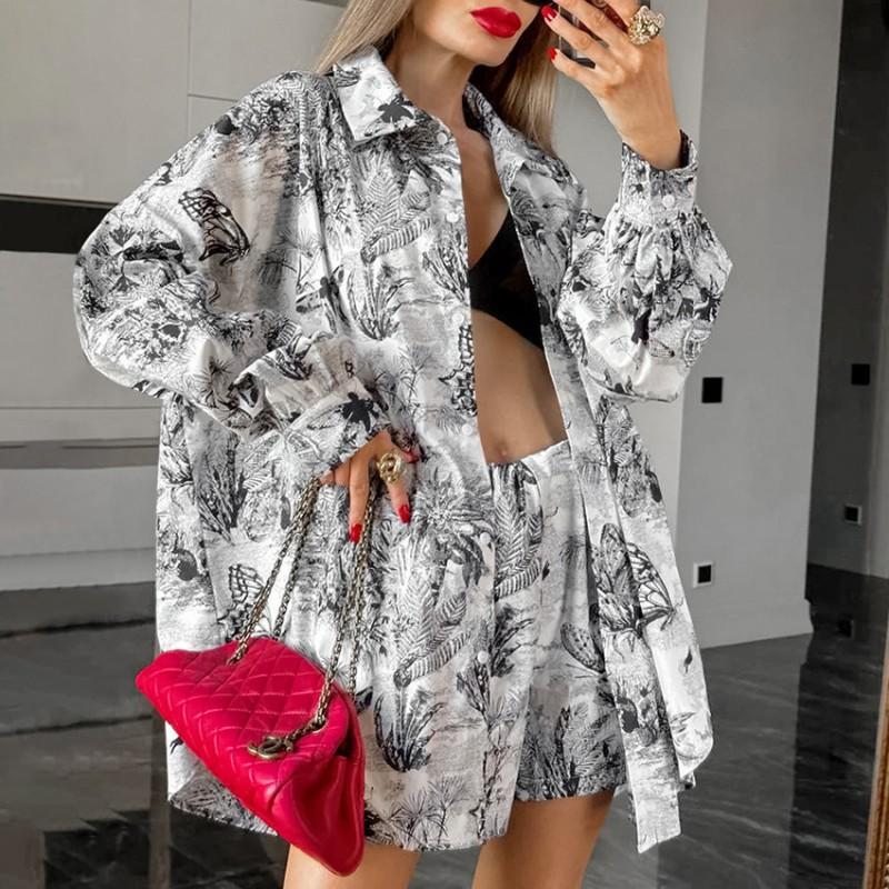 Womens 2-Piece Streetwear Set Long Sleeve Shirt Shorts Ink Print Casual Fashion
