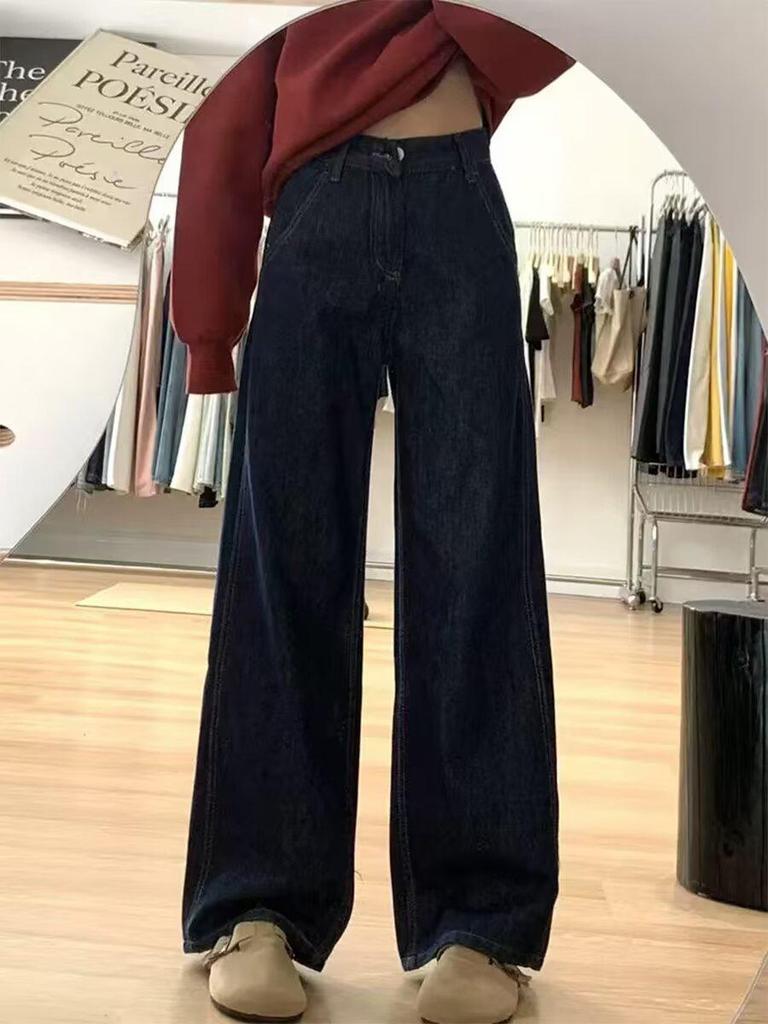 Ретро Джинсы Плюс Сайз Темно-синие Широкие для Женщин - Осень/Зима Драпированные Брюки-швабры