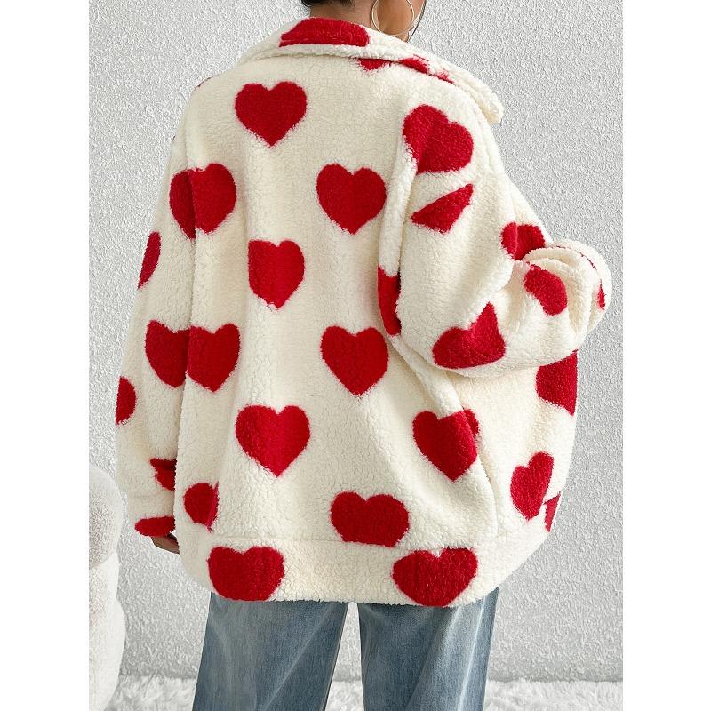 Women's Clothing European and American Autumn and Winter New Style Plush Love Printed Loose Long Sleeved Zipper Cardigan Jacket