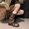Autumn/Winter New Retro Fashion Boots for Women Round Head Thick Heel Belt Buckle Middle Tube Folded Stacked Boots