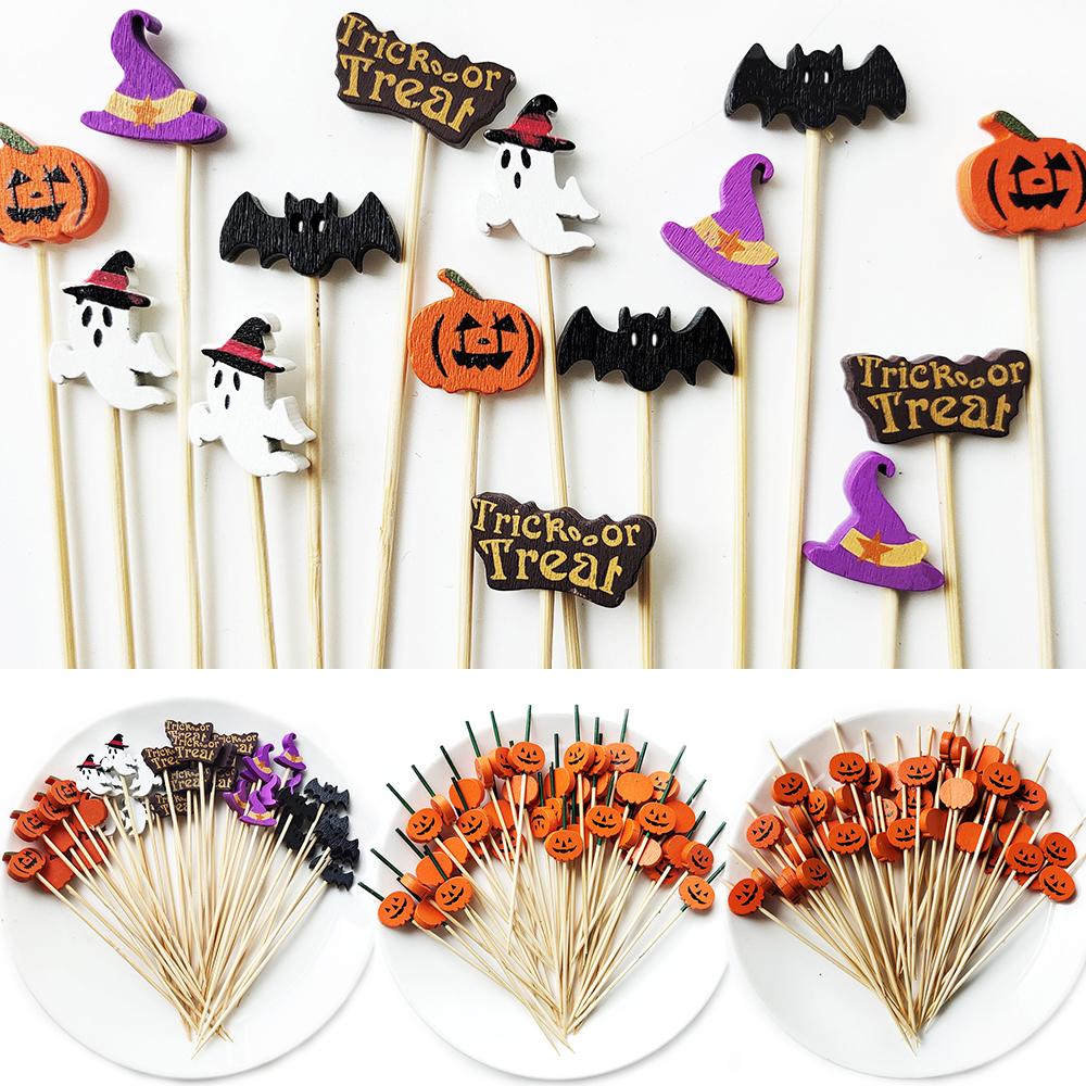 100Pcs Halloween Pumpkin Skewers Bamboo Picks Fruit Forks Buffet Dessert Toothpicks Ghost Bat Halloween Party Decoration