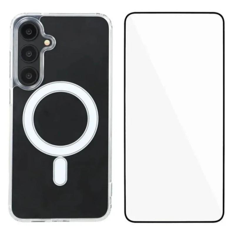 For Samsung Galaxy S24 Clear Phone Case WANLONFENG LM Series Compatible with MagSafe with Screen Film (Big Lens Hole)