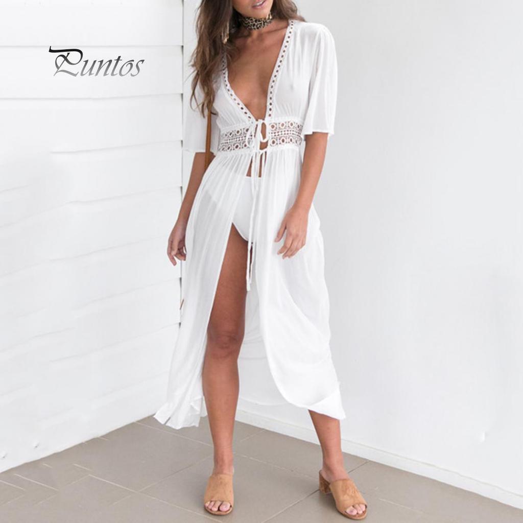 Women Solid Color Hollow Smock Long Bikini Cover Up Lacing Cardigan Beachwear