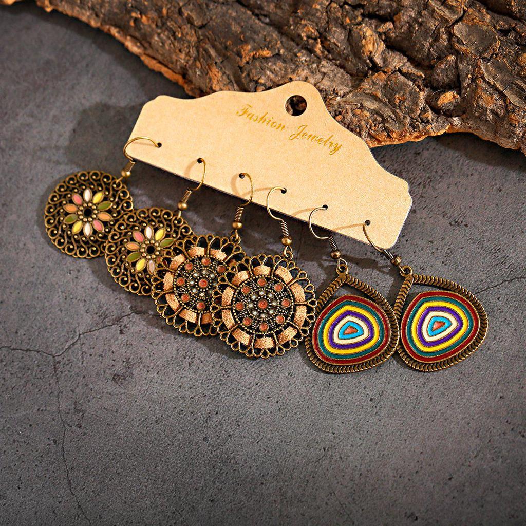 Bohemian Ethnic Retro Earring Set: 3-Piece Hanfu & Nepal Style for Women