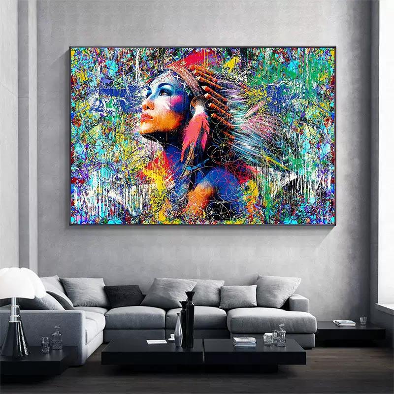 Colorful Graffiti Indian Women Oil Painting Wall Indian Girl Art Portrait Living Room Home Decoration
