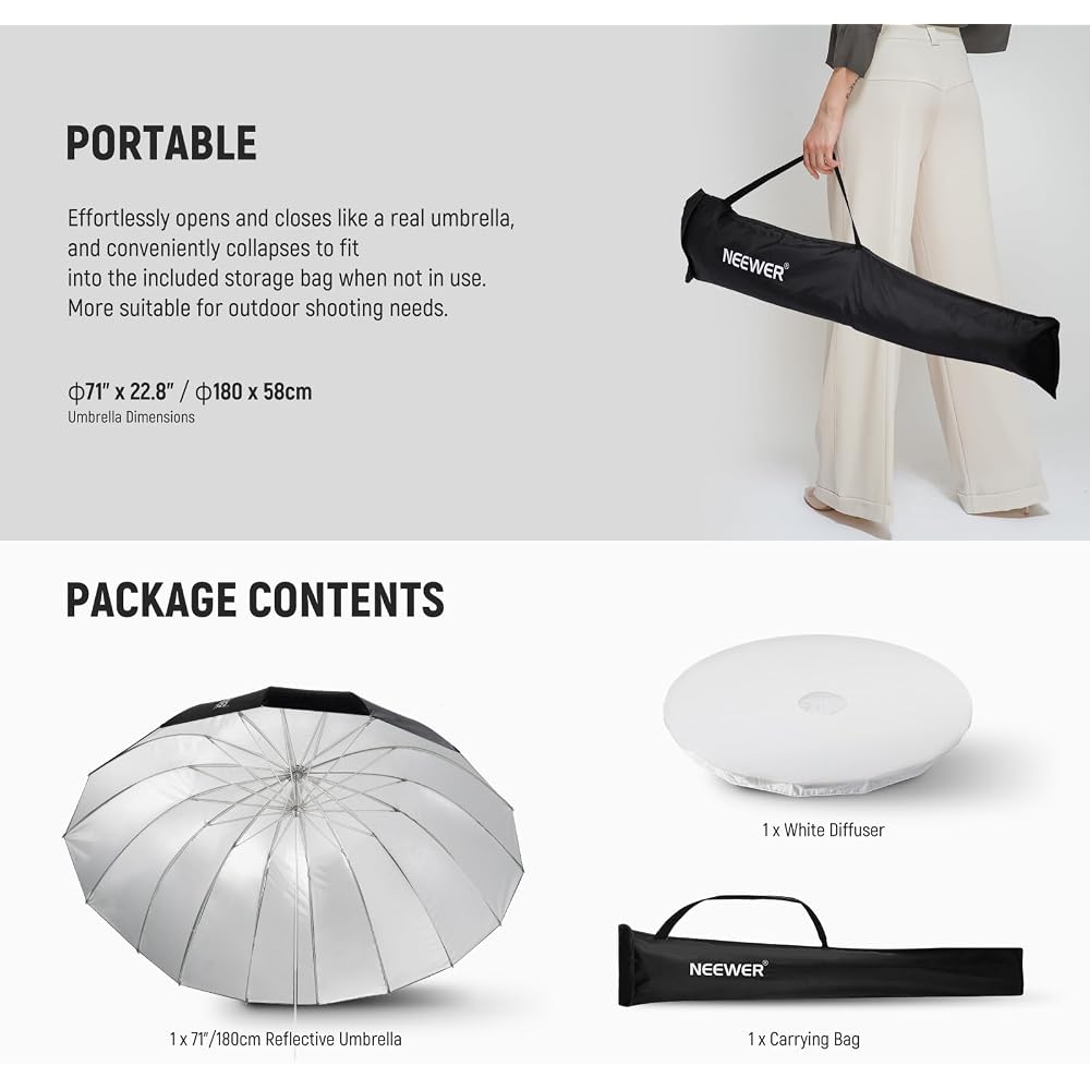 NEEWER 71"/180cm Parabolic Reflective Umbrella, Photography Umbrella, with Silver Inner/Diffuser Cover/Bag, Soft Lighting, Quick Folding, for Camera/P