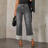 Women Baggy Jeans High Waisted Wide Leg Denim Pants Stretchy Cuffed Hem Straight Boyfriend Jeans with Pockets