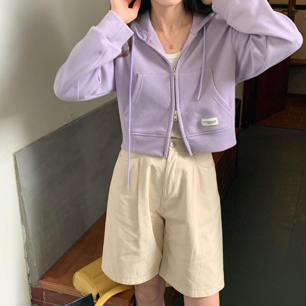 Женская розовая короткая толстовка с капюшоном на молнии - повседневный нишевый дизайн весна/лето