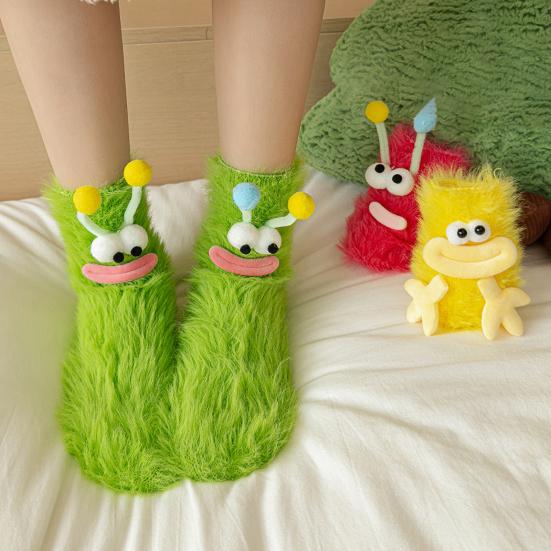 1 Pair Cartoon Socks Funny Expression Decoration Animal Big Eyes Thick Fuzzy Plush Warmth Retention Fall Winter Floor Socks Holiday Gift