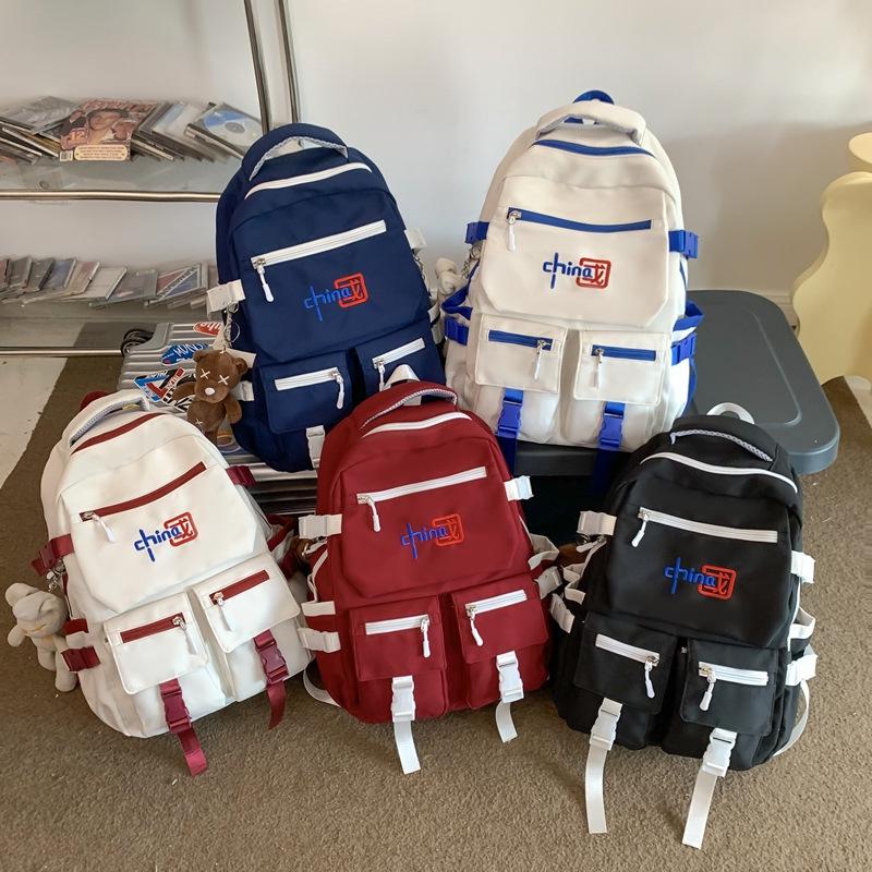 Schoolbag National trendy backpack Fashion trendy tooling style Large capacity student schoolbag Light leisure travel Color matching backpack