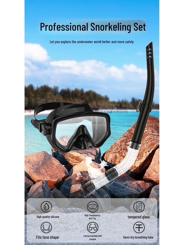 Snorkeling Set: Wide-View Mask & Semi-Dry Breathing Tube - Silicone Diving Goggles 2-Piece Kit