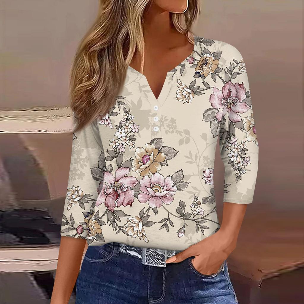 Жен. Футболка Футболка С принтом Пуговицы Рукав 3/4 Повседневные Выходные Мода Классический Классический V-образный вырез Обычный Верх