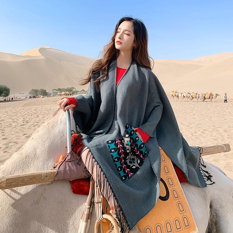 Scarf Women's Winter Outer Split Shawl Imitation Cashmere Thickened Warm Fringed Pocket Cape Desert Travel Photo