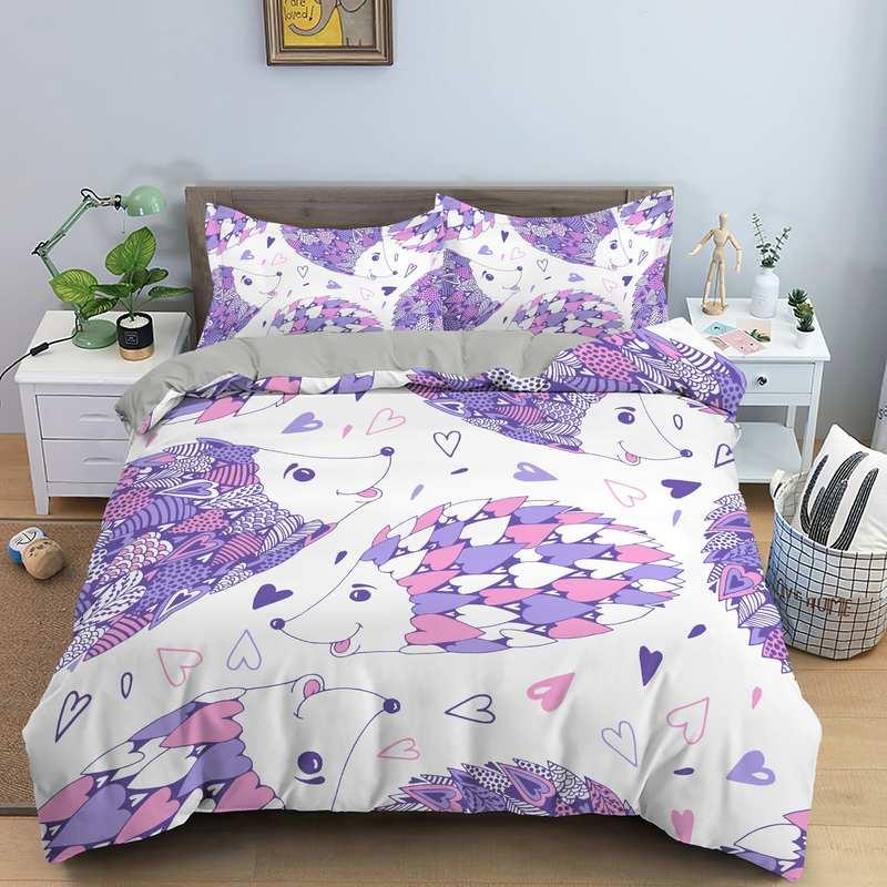 Hedgehog Bedding Set Cute Kawaii Wildlife Comforter Cover With Pillowcases For Kids Boys Girl Polyester Bedding Set King Size