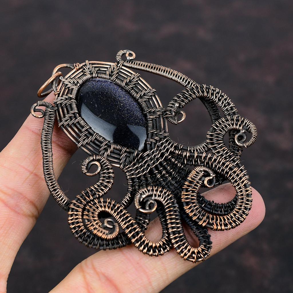 Blue Sunstone Copper Pendant Wire Wrapped Octopus Pendant Natural Gemstone Pendant Handmade Pendant Copper Wire Wrapped Jewelry Gift For Him