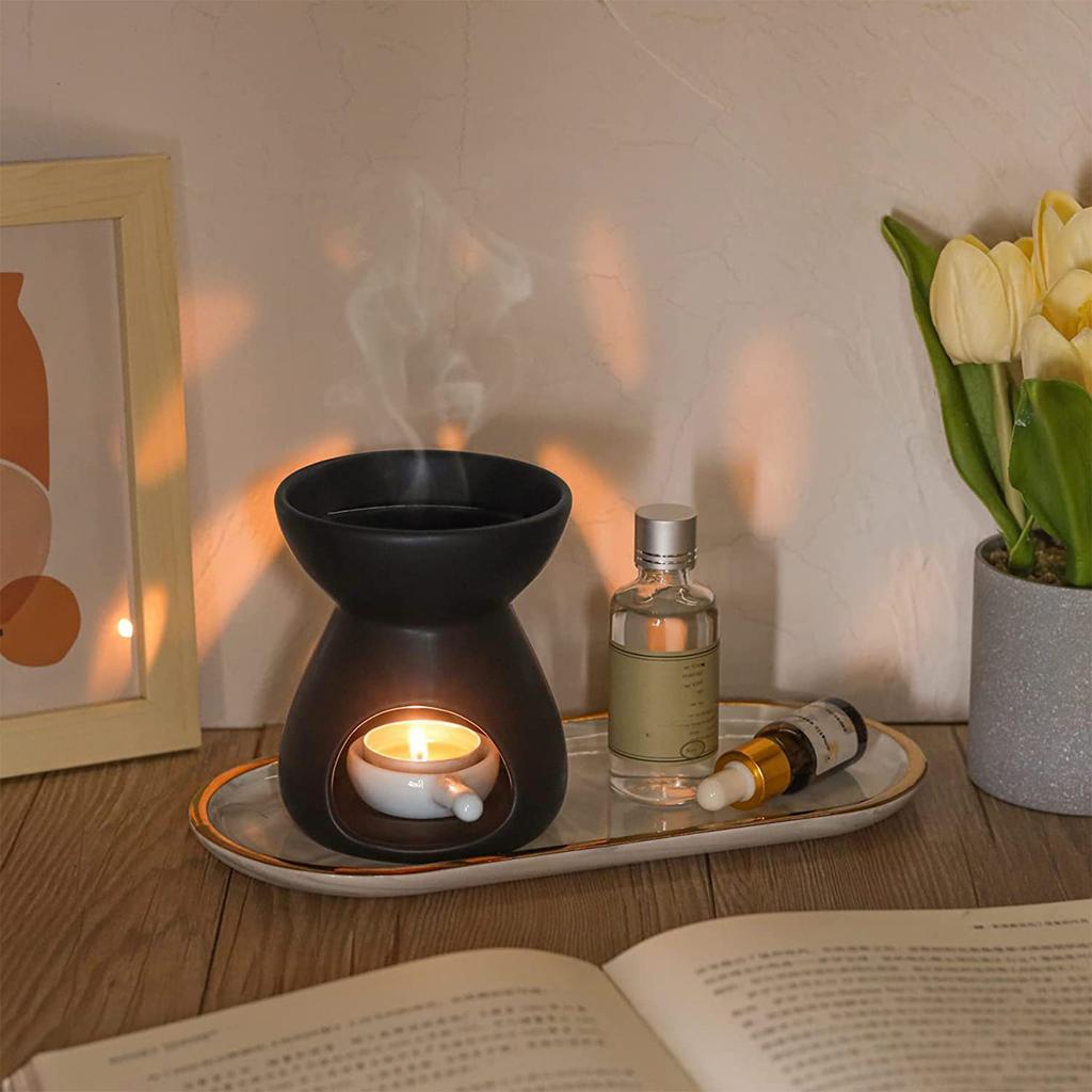 Black Ceramics Aromas Diffuser Wax Melt Burners Oil Warmer Tealight Candle Holder for Relaxation In Bedroom or Studios