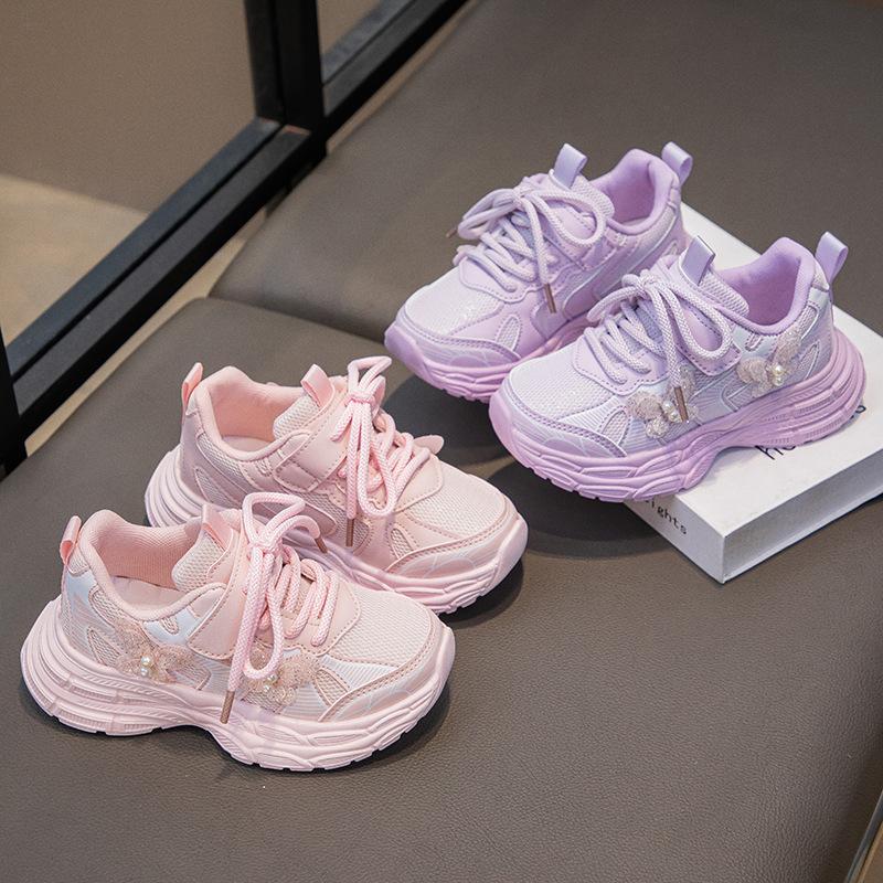 Весна 2025 Новые кроссовки для девочек Сетчатые дышащие Детские кроссовки для среднего и старшего возраста Корейская версия Универсальный стиль принцессы