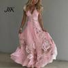 A-line Silhouette Dress Summer Floral Maxi for Women Short Sleeve V Elegant Printed Neck Swing Beach Vacation Sundress Lightweight