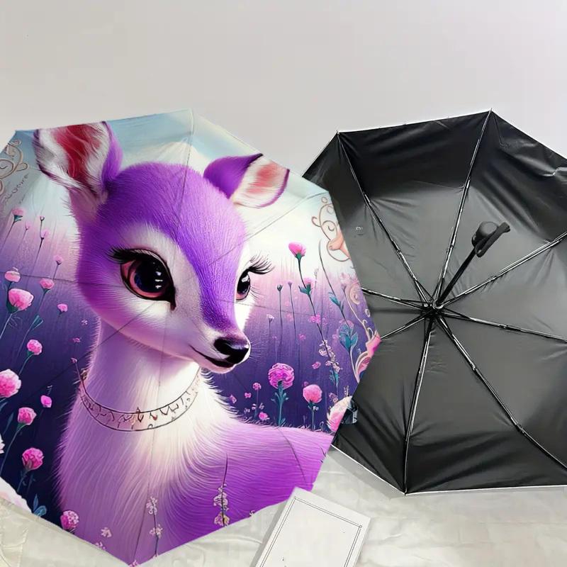 1pc Purple Deer in Floral Garden Umbrella with Plastic Handle,Suitable for All Seasons Home Travel Outdoor UmbrellaDD019