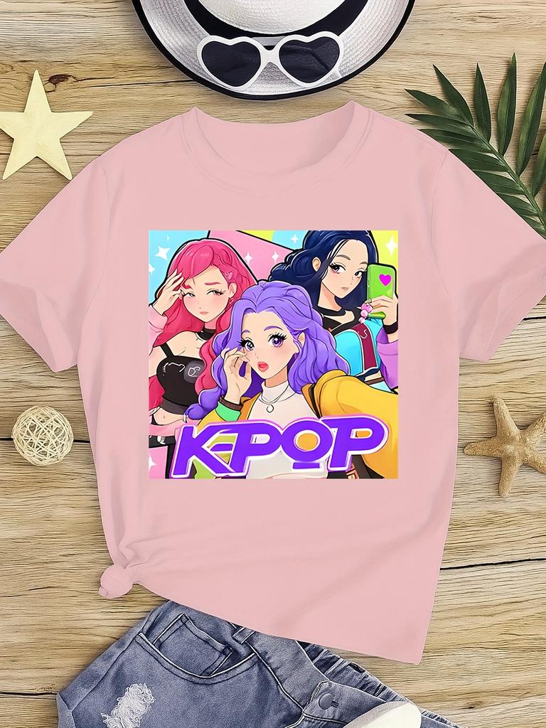 Хлопковая футболка с K-pop узором, Футболки с графикой культуры K-драмы, Идеальный сувенир для фаната K-pop, Повседневная футболка с коротким рукавом
