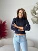 Fashionable warm women' sweater, short crop, turtleneck, green, braids,