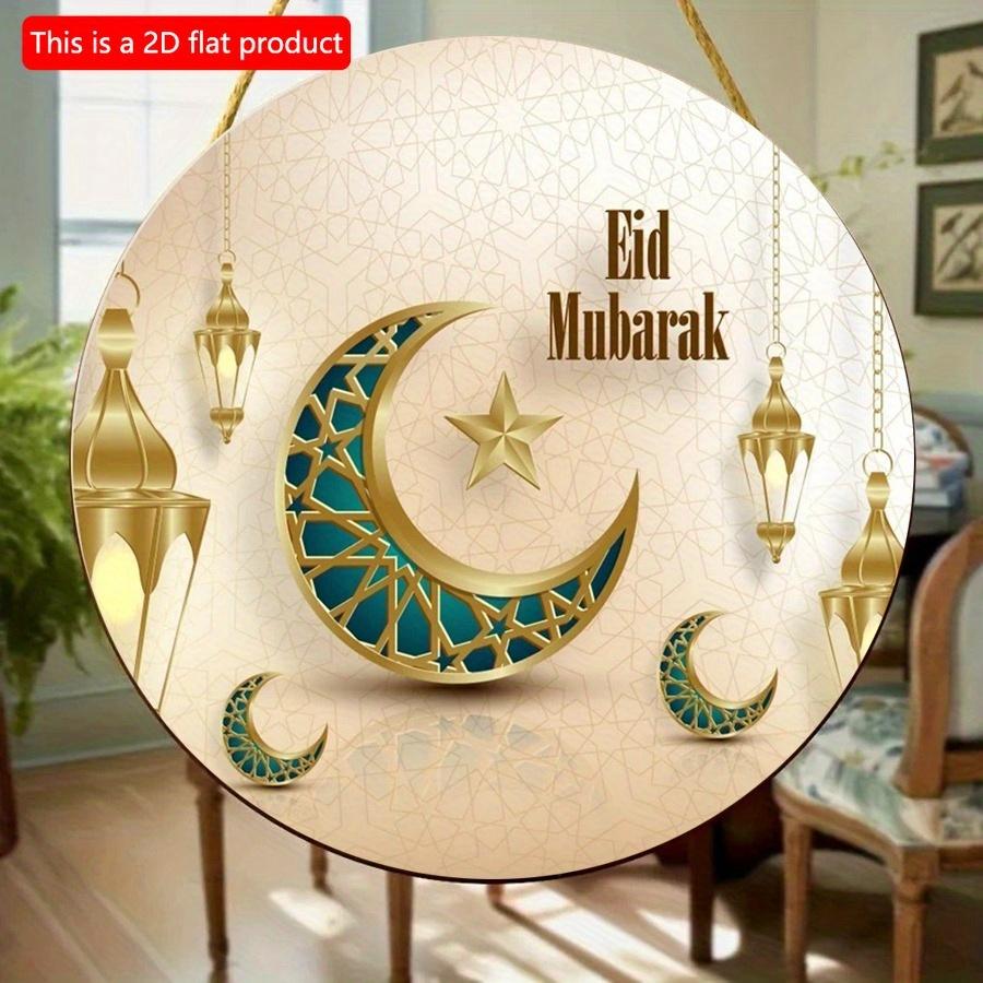 2D Flat 20*20cm1pc Eid Mubarak Green Moon and Lanterns Patterns Wonderful Round Wooden Pendant, Gold Simple Style Celebrate Ramadan Ceiling Hanging