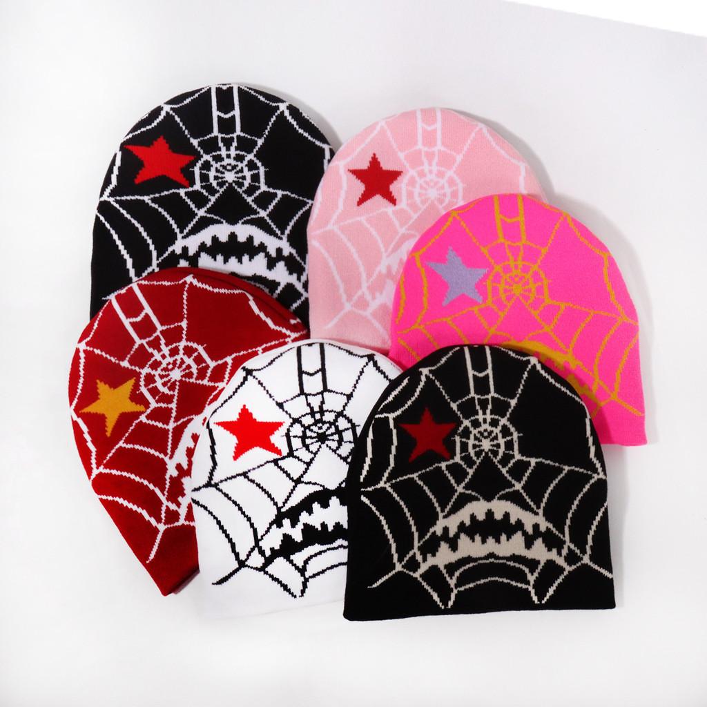 Gothic Style Knit Cap Featuring Spider Web Design For Casual Wear