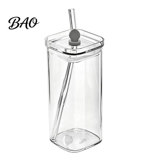Versatile Glass Cups for Smoothies Cup with Lid And Straw, Square Clear Borosilicate Heat Stylish Parties Events Resistant Tumbler, Portable Drinking