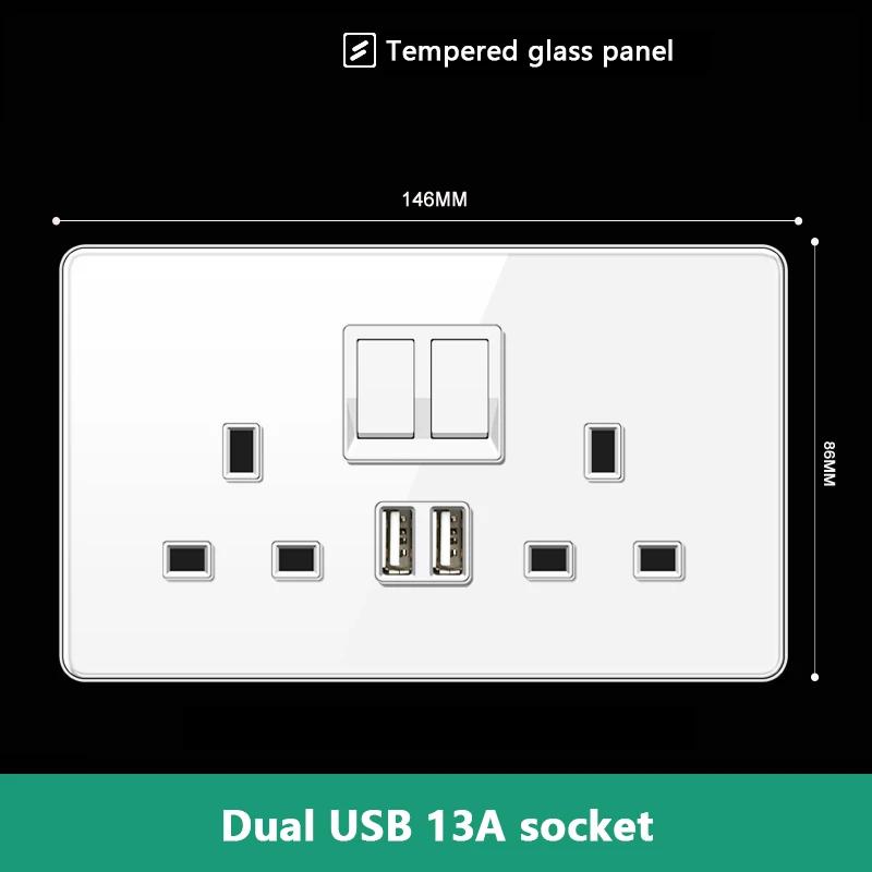UK 13A Wall Socket with Type-C 18W Fast Charging Plug Socket,Glass Panel Power Double Universal Outlet with Quick USB C Charge