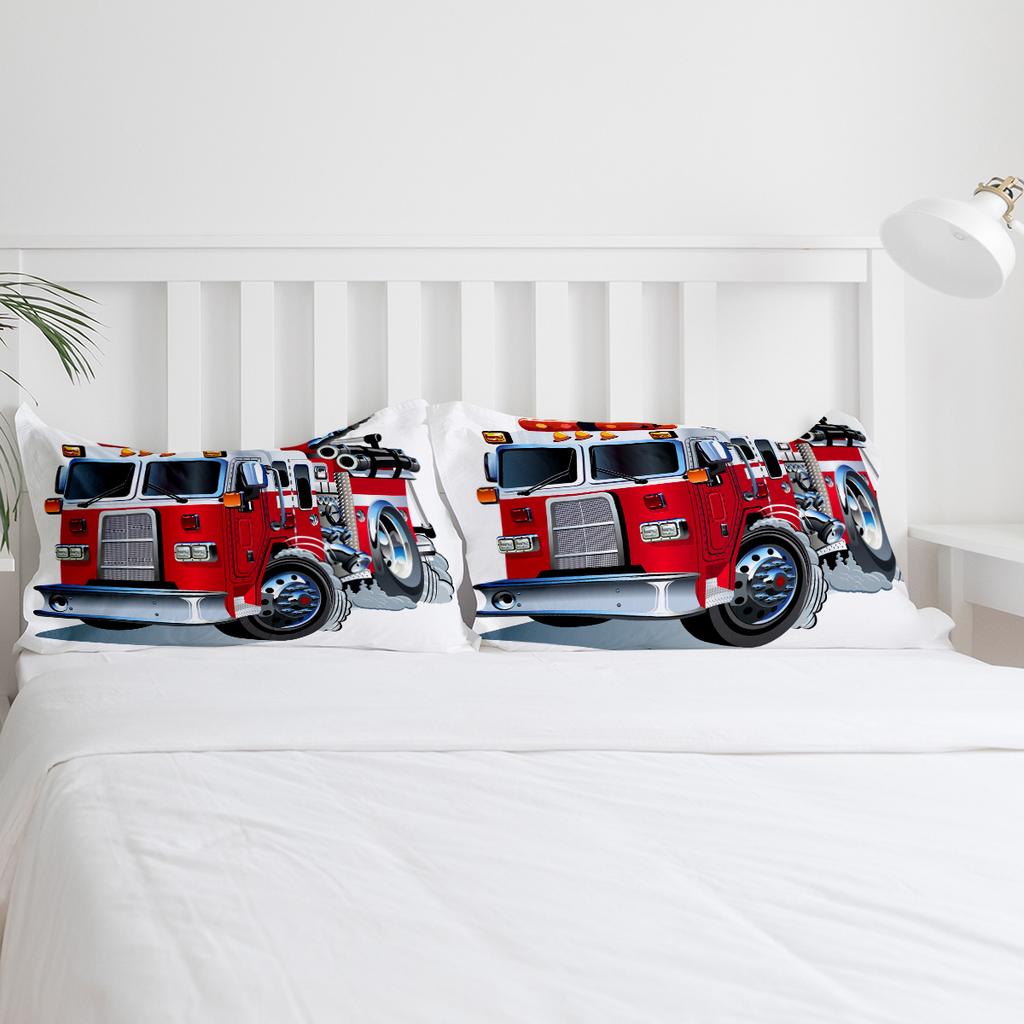 Cartoon Red Fire Truck White Bedding Set 3pcs Duvet Cover Pillowcase Kids Adult Quilt Cover Double Bed Set Home Textile